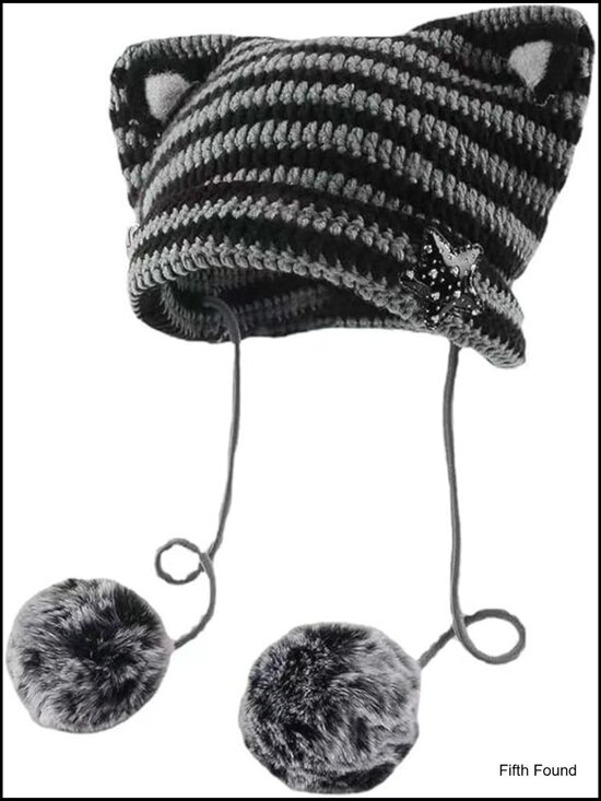 Y2K Cat Ear Beanie Cute Kawaii Grunge Star Crochet Hat Pompom Acubi Devil Scene main image 7